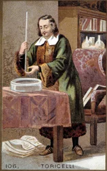 Portrait of Evangelista Torricelli or Toricelli (1608-1647), Italian physicist, with his invention: the barometer (mercury tube)