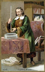 Portrait of Evangelista Torricelli or Toricelli (1608 - 1647), Italian physicist with his invention the Barometer (mercury tube). Chromolithography of the 19th century