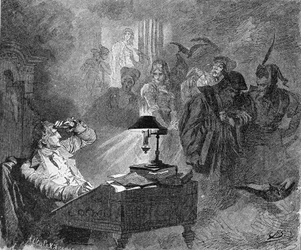 Portrait of Goethe surrounded by Faust characters Engraving