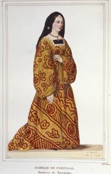 Portrait of Isabella of Portugal (1397-1472) Duchess of Burgundy Wife of Philip the Good. Engraving of 1830