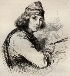 Portrait of Jacques van Maerlant, Flemish writer. Engraving from 1868 in 