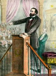 Portrait of Leon Gambetta (1838 - 1882) in the gallery. Engraving of the 19th century