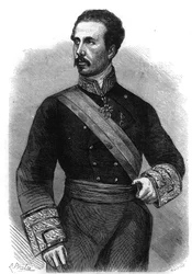 Portrait of Marie Ferdinand Francois of Assisi de Bourbon, King of Spain (1822-1902). Engraving in "The Illustrious Universe"