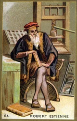 Portrait of Robert I Estienne (1498 - 1559) humanist, publisher and printer. Chromolithography of the 19th century