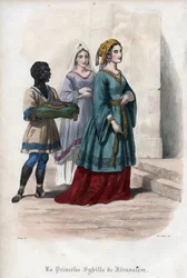 Portrait of Sibylla of Jerusalem (Jerusalem Sibyl) (c. 1160-1190), Princess then Queen of Jerusalem. Engraving from 1842 in “Histoire des popes” by Maurice Lachâtre. Private collection.