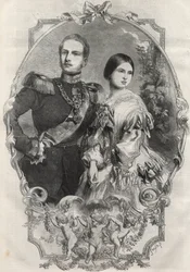 Portrait of Princess Victoria (Queen Victoria) and Crown Prince Frederick William of Prussia. Engraving from 1858.