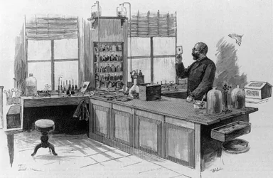 Portrait of the German doctor Robert Koch (1843-1910) in his laboratory