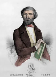 Portrait of the Italian composer Giuseppe Verdi with the score for 