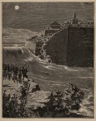 Pottery: Raw Bricks in Ancient Greece. The Army of Pausanias Detours the Course of a River to Destroy the Walls of Raw Brick Protecting the City of Mantinee. Engraving from 1885 in 
