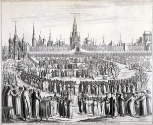 Procession of Easter Flowers in front of the Holy Savior Gate and the Kremlin in Moscow