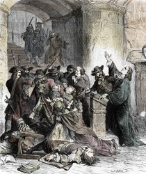 Prohibition of sermons and arrest of Protestants after the revocation of the Edict of Nantes (dragonnades under Louis XIV (1681-1686): Catholic soldiers, dragoons, massacre the Protestants. 19th century