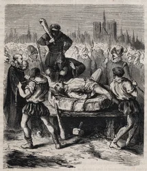 Punishment of Francois Ravaillac (1578-1610) assassin of King Henry IV (1553-1610) on Place de Greve in Paris in 1610 - Engraving of 1879 in 