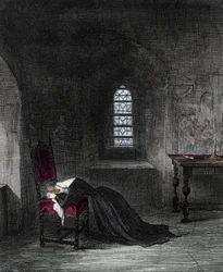 Queen Jane Grey is prisoner in the Tower of London. Lady Jane Grey, niece of King Henry VIII, was Queen of England for 9 days. Her cousin Mary claiming the throne, will have her imprisoned and executed for high treason. Engraving