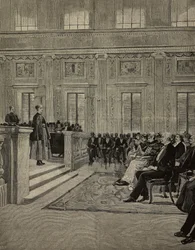 Queen Margherita of Savoy attending concert at Istituto dei ciechi, Milan, Italy, drawing by E X from L