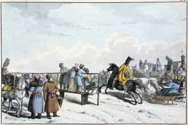 Race of tanks and horses in Russia - engraving