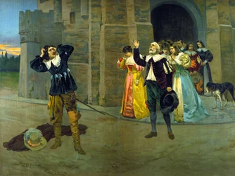 Raimondo announces the death of Lucia to Edgar in the last scene of Act III of the opera “Lucie de Lammermoor” (Lucia) by Gaetano Donizetti