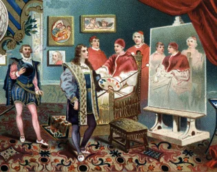 Raphael (Raffaello Sanzio) working on the portrait of Pope Leon X surrounds Cardinals Jules de Medicis (Giulio) (Pope Clement VII)