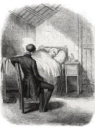 Rastignac remained alone near the old man, sitting at the foot of the bed... Engraving mid 19th century. Illustration for “The Father Goriot” by Honore de Balzac (1799-1850).