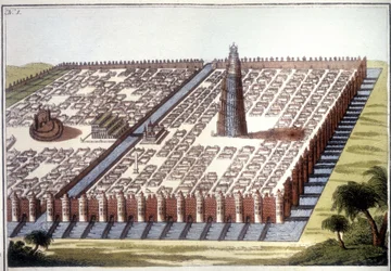 Reconstructed view of the ancient city of Babylon, with the enclosure, the hanging gardens and the ziggurat.