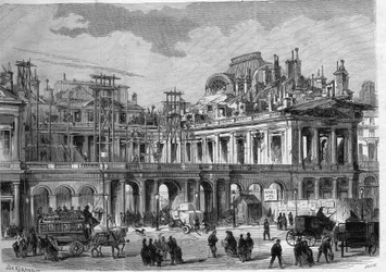 Reconstruction works of the Royal Palace (Palais-Royal) in Paris. Engraving in 