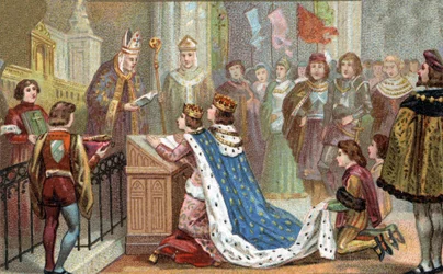 Relation of Brittany to France: Louis XII (1462-1515) married Anne de Bretagne (1477-1514). Their marriage reunited Brittany with France (1499). Chromolithography of the late 19th century.