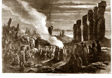 Religious ceremony on Easter Island (Rapa Nui), Polynesia (19th century engraving)