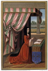Representation of Anne de France known as Anne de Beaujeu (1461-1522) in prayer. She is the daughter of Louis XI and Charlotte de Savoie. Chromolithography after illumination.