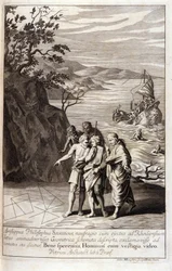 Representation of Aristipus of Cyrene, Greek philosopher disciple of Socrates, after the shipwreck that threw him on the coast of Rhodes, he discovers geometric traces on the sand. Engraving from Book XV of Euclid