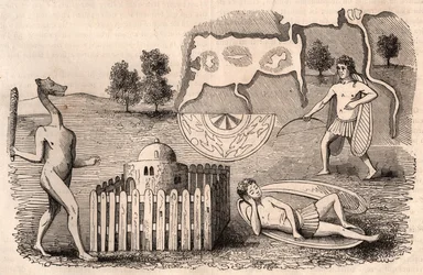 Representation of medieval tribes and animal species: men with long ears, one asleep, and a chimera with a mace