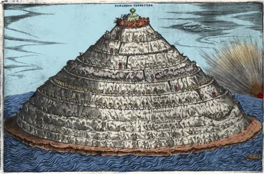 Representation of Purgatory after the Divine Comedy by Dante Alighieri (1265-1321): the Earthly Paradise is at the top. Anonymous engraving of the 17th century