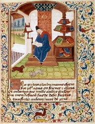 Representation of the author writing in his office from 