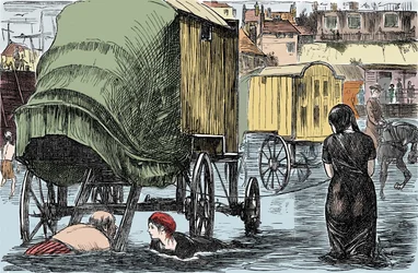Representation of the bath cabin invented in 1750 by Benjamine Beale: women inside access the sea directly from this horse-drawn wagon. Humorous drawing from Punch Magazine 1870