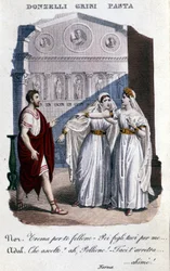Representation of the interpreters of the first performance of “La Norma” by Vincenzo Bellini (1801 - 1835): from left to right Domenico Donzelli (Pollione), Giuditta Grisi (Adalgisa) and Giuditta Pasta (Norma). 1833