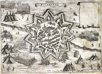 Representation of the siege of Nicosia on the island of Cyprus in 1191 during the 3rd Crusade by Richard Lion Heart. 16th century