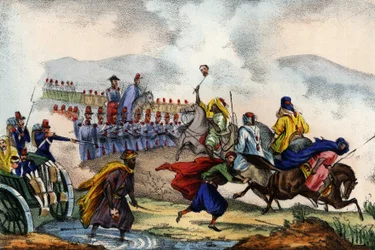 Retirement of the Arabs in front of the square formed by the French army of Africa in Constantine in 1837. In 