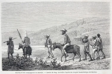 Richard Francis Burton, British explorer, and his companions in Africa. Drawing illustrating the article 