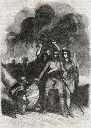 Rodomont abandons Paris - engraving of 1851 from Roland furieux (Orlando furioso) (16th century) by Ludovico Ariosto, known as the Ariosta - Edition translated from Italian by the Count of Tressan and published by Gustave Harvard 1851