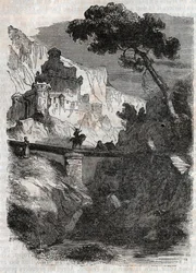 Rodomont defeated by Bradamante - engraving of 1851 from Furious Roland (Orlando furioso) (16th century) by Ludovico Ariosto, known as the Ariosta - Edition translated from Italian by the Count of Tressan and published by Gustave Harvard 1851