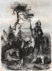 Roger (Ruggero, Ruggiero) makes use of the enchanting shield - engraving of 1851 from Furious Roland (Orlando furioso) (16th century) by Ludovico Ariosto, known as the Ariosta - Edition translated from Italian by the Count of Tressan and published by