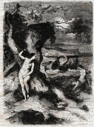 Roland delivers Olympe - engraving of 1851 from Roland furieux (Orlando furioso) (16th century) by Ludovico Ariosto, known as the Ariosta - Edition translated from Italian by the Count of Tressan and published by Gustave Harvard 1851