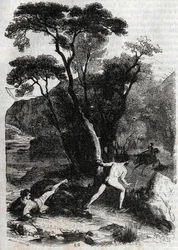 Roland pursuing Angelique (Angelica) - engraving of 1851 from Furious Roland (Orlando furioso) (16th century) by Ludovico Ariosto, known as the Ariosta - Edition translated from Italian by the Count of Tressan and published by Gustave Harvard 1851