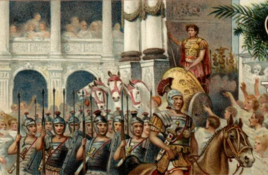 Roman political system. The Emperor: Defile in honor of the victories of the Roman Emperor Augustus won in Actium, Pannonia and Egypt. Chromolithography of the late 19th century.