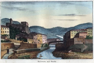 The city of Rovereto in Trentino, northern Italy - 19th century - Engraving from “Usi e Costumi di Tutti i Popoli dell