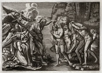 Royaumont Bible, New Testament: Baptism of Jesus Christ. Saint John the Baptist baptizing Jesus Christ in the waters of the Jordan River. Illustration from 1811.