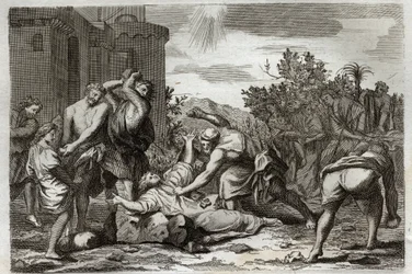 Royaumont Bible, New Testament: Death of St Stephen, first Christian martyr, by stoning. Illustration from 1811
