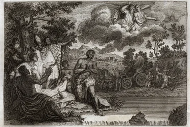 Royaumont Bible, New Testament: Eunuch baptizes. Saint Philip Deacon announces faith to an Eunuch of the Queen of Ethiopia and baptizes him. Illustration from 1811