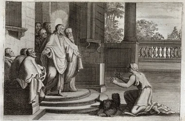 Royaumont Bible, New Testament: Jesus Christ and the Canaanite Woman. A Peasant Asks the Lord for Help to Heal Her Daughter. Illustration from 1811