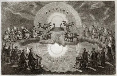 Royaumont Bible, New Testament: Open Heaven. A throne appears surrounded by a lion, an ox, a man and an eagle (tetramorph) and seven lamps. Twenty-four old people sitting on thrones surround this vision. Illustration from 1811