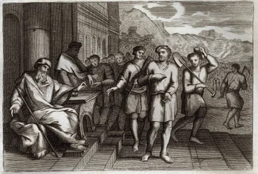 Royaumont Bible, New Testament: Parable of vine workers or parable of workers of the eleventh hour. Workers that the Father of the family sends to work in his vineyard. Illustration from 1811.