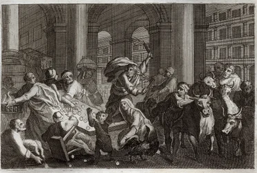 Royaumont Bible, New Testament: Sellers Hunt from the Temple. Jesus Christ drives away from the Temple those who profaned him by the traffic they were doing there. Illustration from 1811